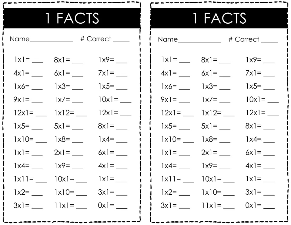 1 Facts timed test: students solve 36 multiplication facts with a factor of 1, then record their name and number correct