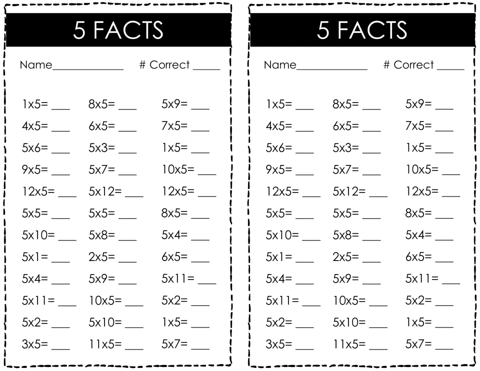 5 Facts timed test: students recall 36 multiplication facts with a factor of 5, like 5x6, 12x5 and 11x5, then self-score