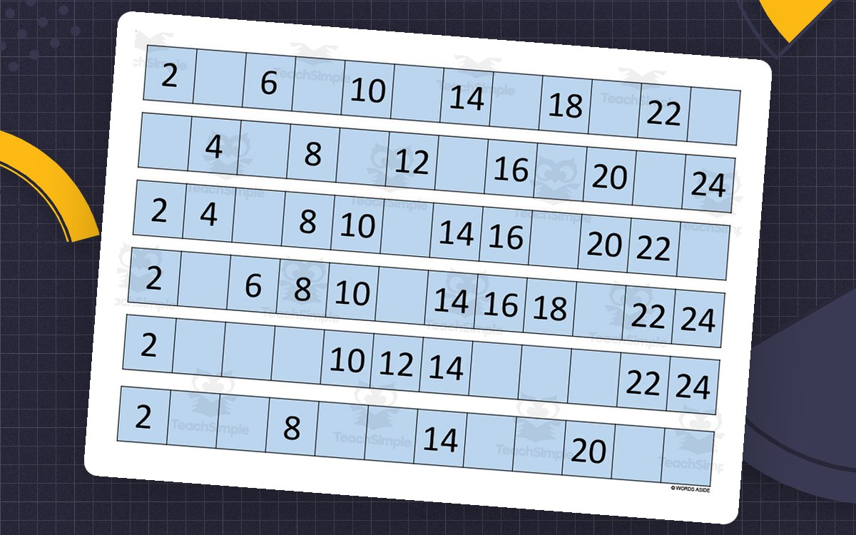 Multiplication by 2 strip-line worksheet with rows of even numbers from 2 to 24.