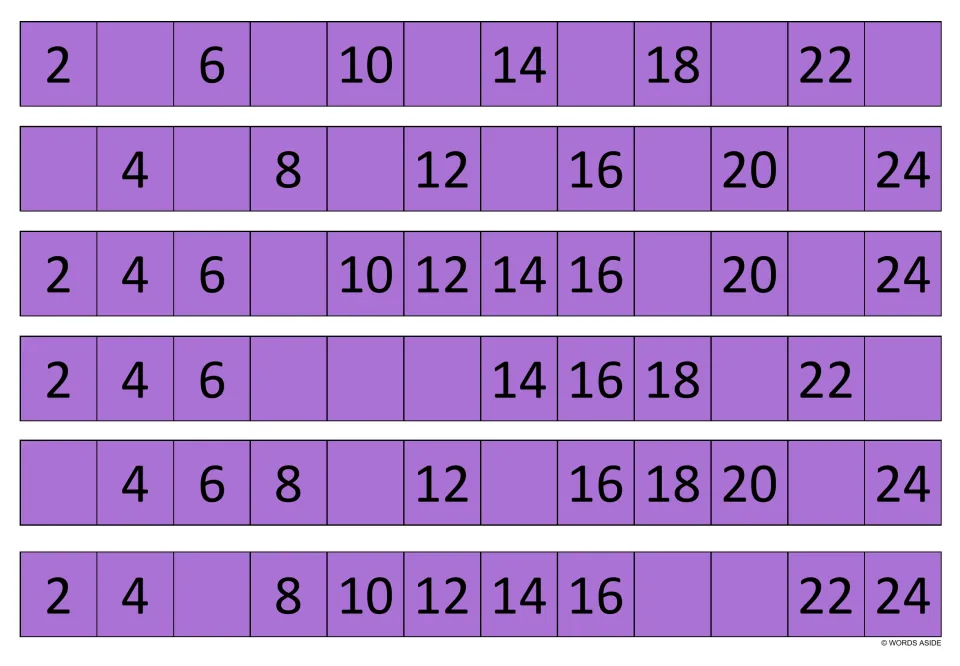 Twos sequence to 24 on six purple strips: students add the missing numbers; the fourth strip lacks 8, 10, 12, 20, 24