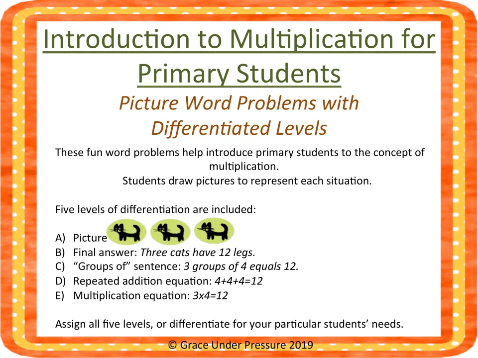 Introduction to Multiplication title page explaining five answer levels, from picture to 3x4=12, using a three-cats example