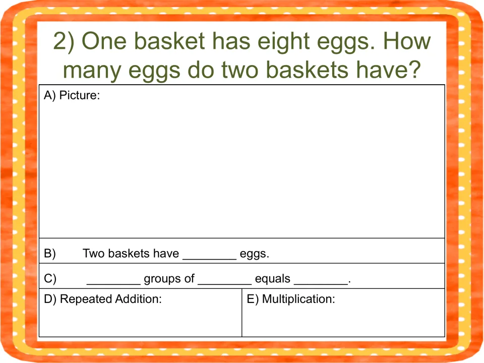 Egg baskets problem: students draw two baskets of eight eggs and record the total as groups, addition and multiplication