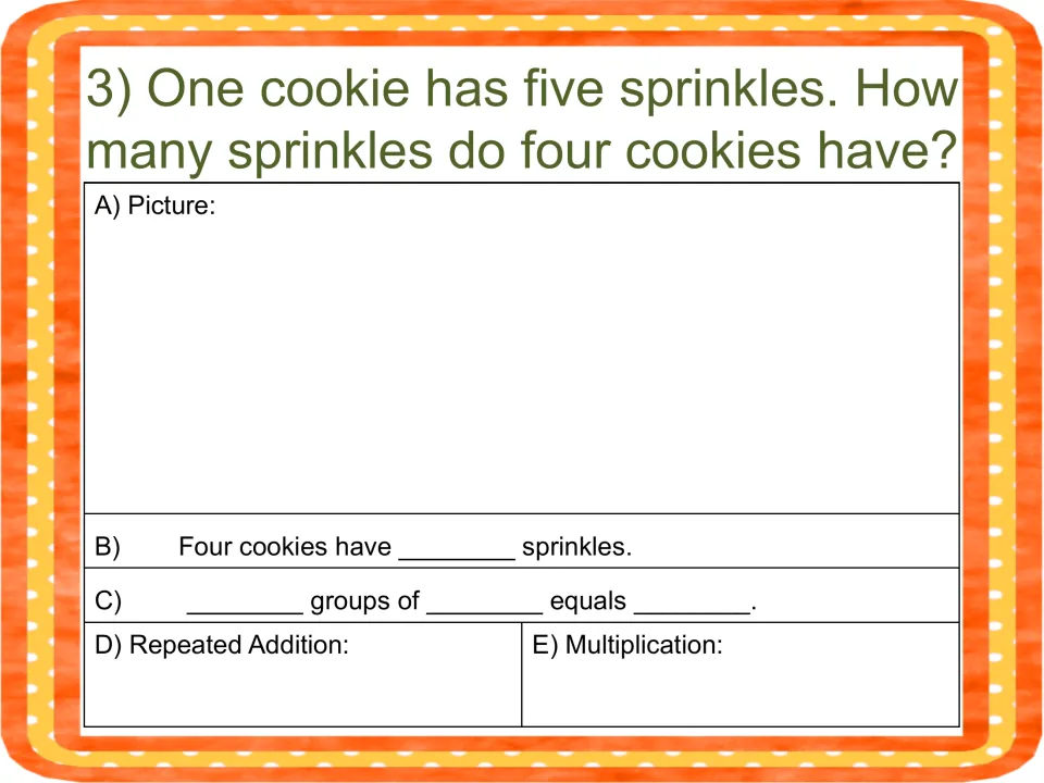 Cookie sprinkles problem: students sketch four cookies with five sprinkles each and write the total three ways