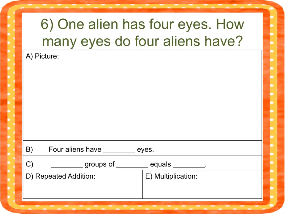 Alien eyes problem: students draw four aliens with four eyes each, then complete the groups-of sentence and both equations