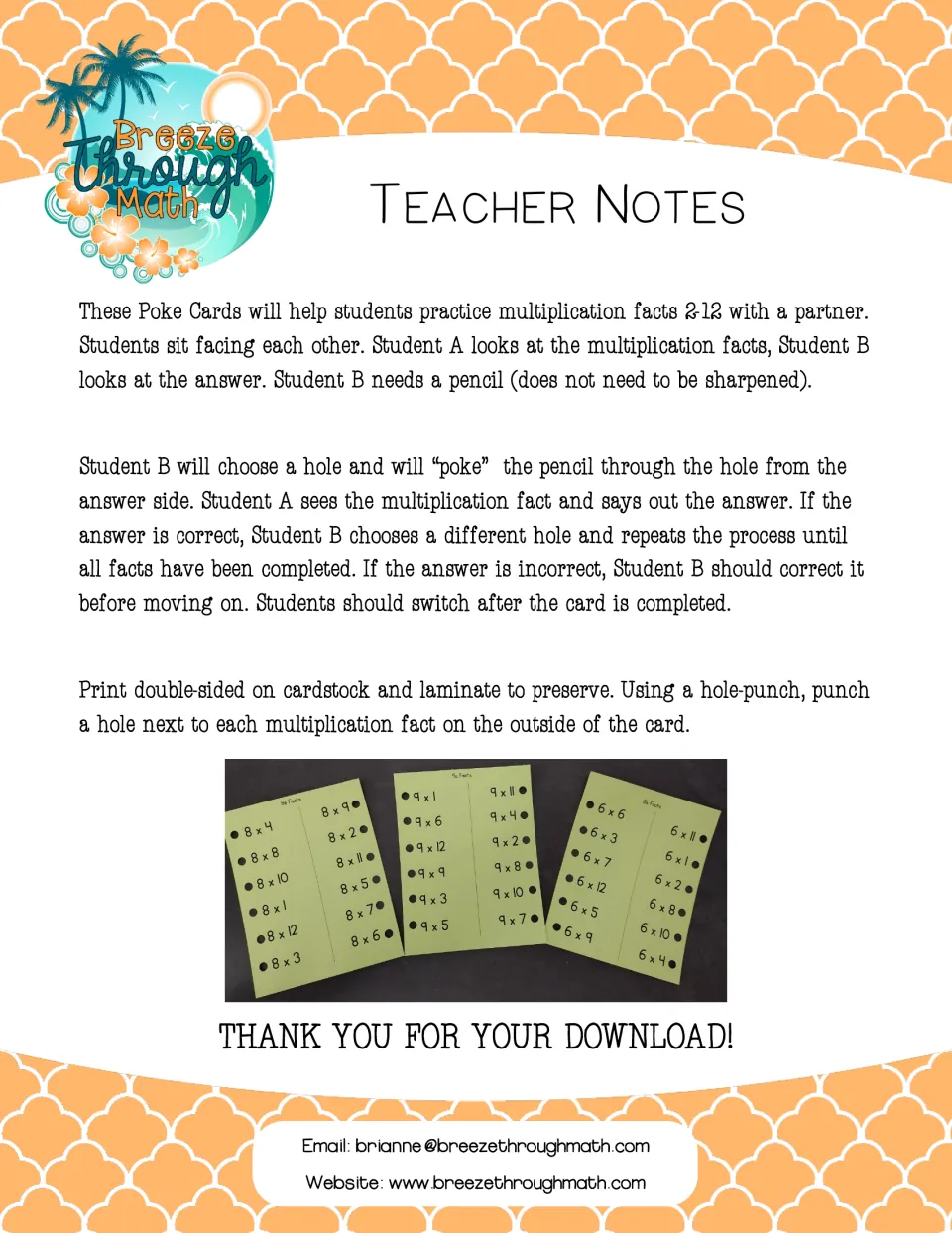 Poke card teacher notes: partners quiz multiplication facts 2-12 by poking a pencil through punched holes beside each fact