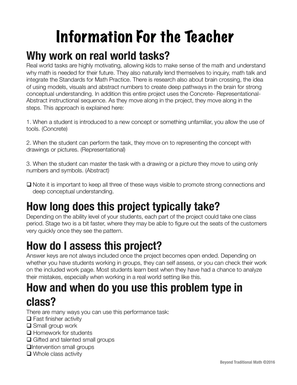 Teacher notes on real world tasks, the concrete-representational-abstract sequence, timing, assessment and class uses