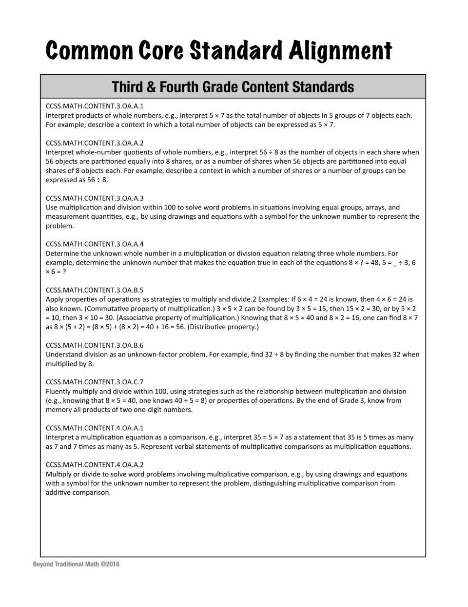 Common Core alignment listing third and fourth grade content standards 3.OA.A.1 to 3.OA.C.7, 4.OA.A.1 and 4.OA.A.2