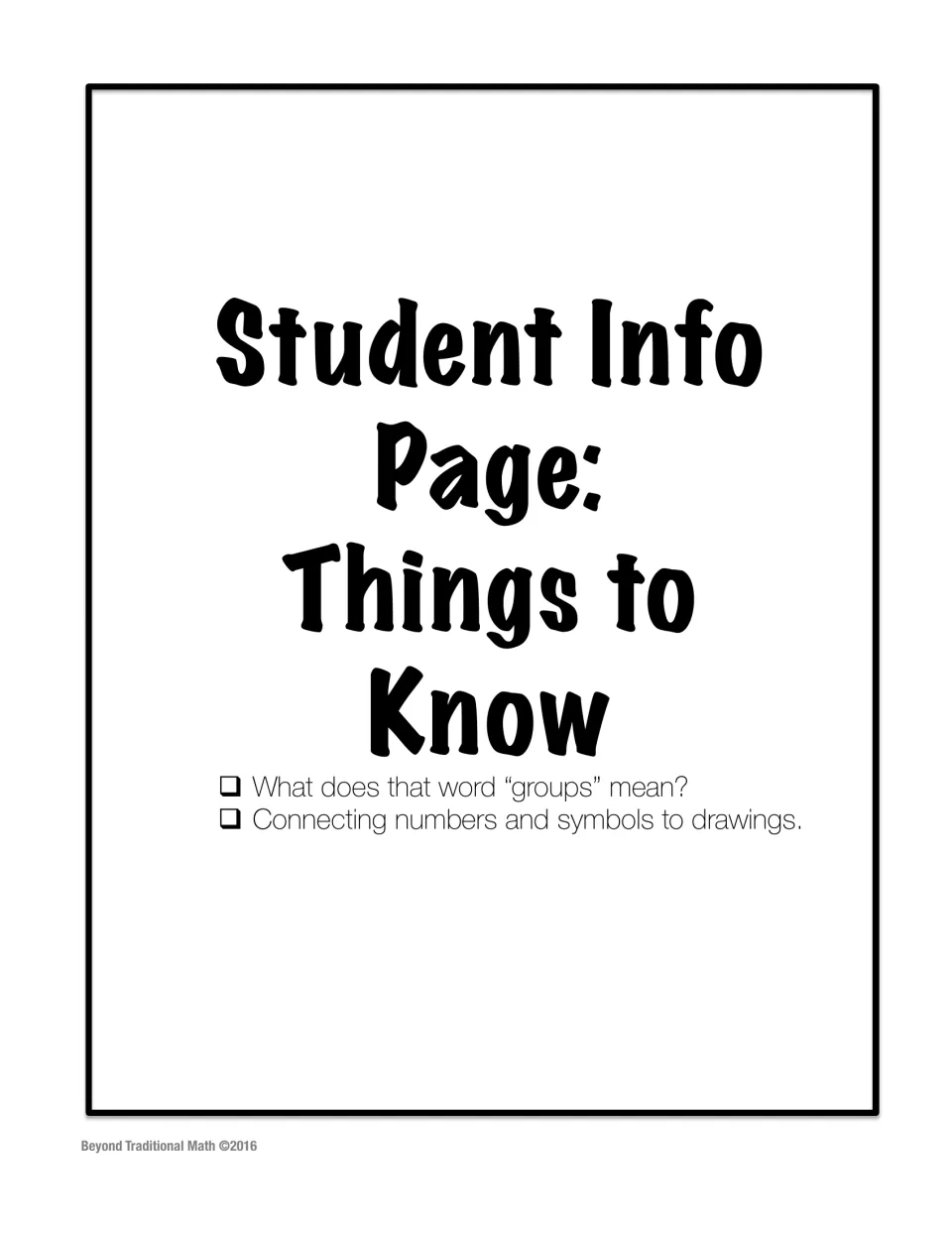 Student info divider: Things to Know, covering what the word groups means and linking numbers and symbols to drawings