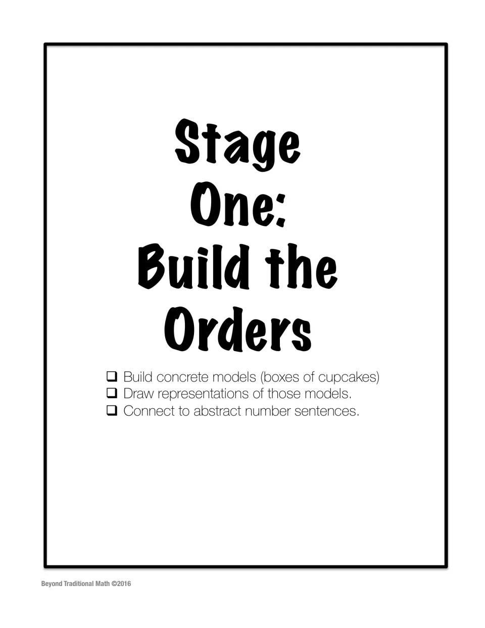 Stage One: Build the Orders divider listing concrete models, drawn representations and abstract number sentences