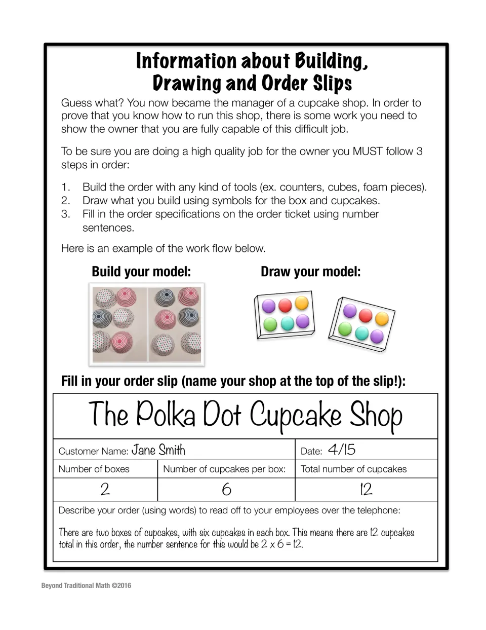 Build, draw and order slip steps: a worked example shows 2 boxes of 6 cupcakes written in words and as 2 x 6 = 12