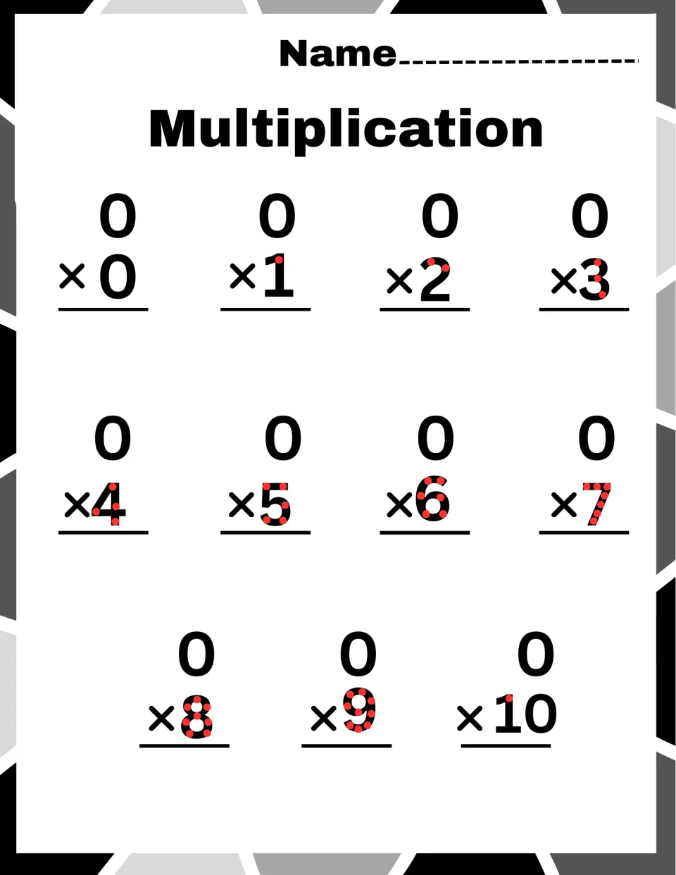 Multiplying by zero: students solve 0 × 0 through 0 × 10, using red touch dots printed on the digits to count