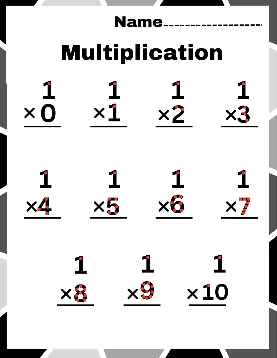Ones facts: students solve 11 vertical problems from 1 × 0 to 1 × 10, counting red touch dots on each numeral