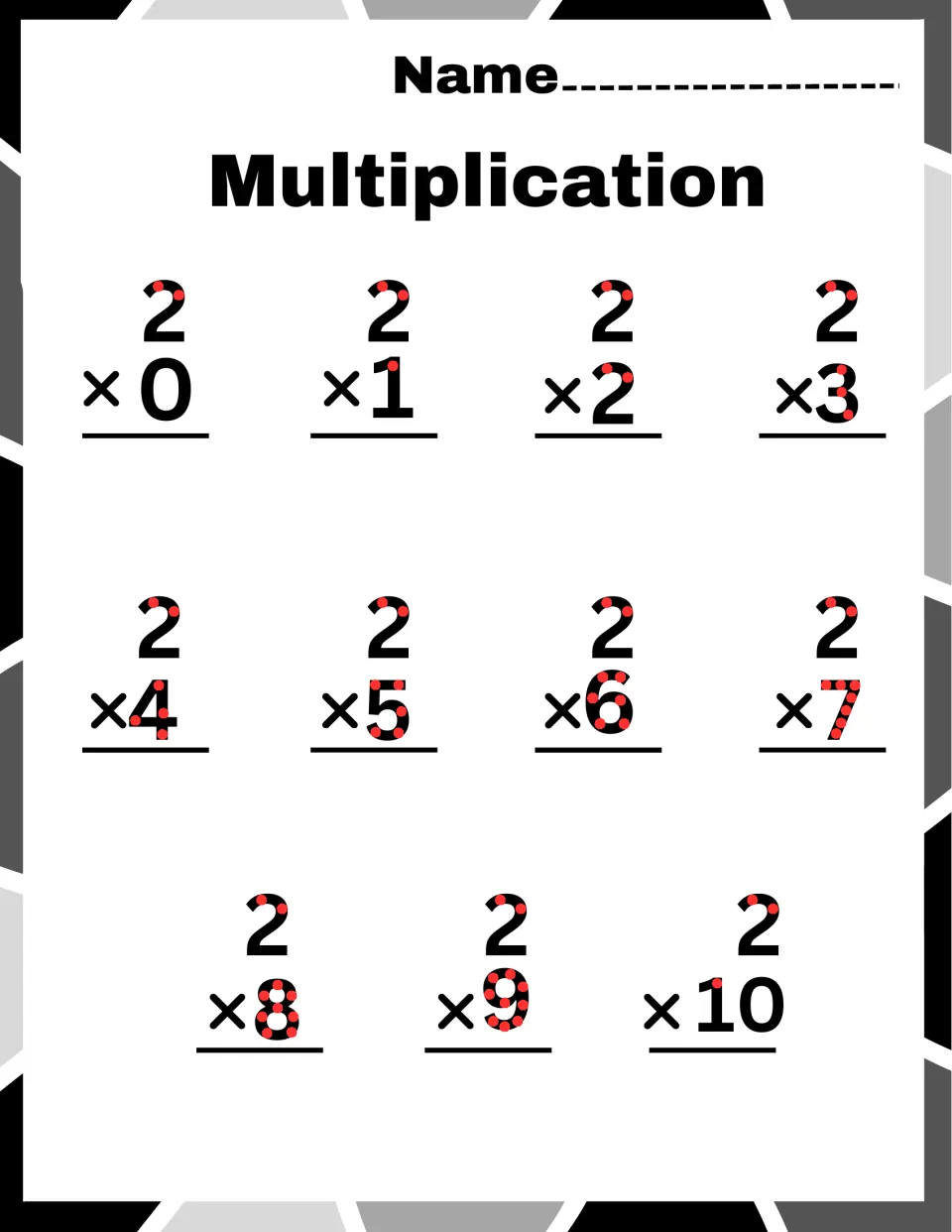 Twos facts: students multiply 2 by 0 through 10 in 11 vertical problems, touching the red dots on both factors
