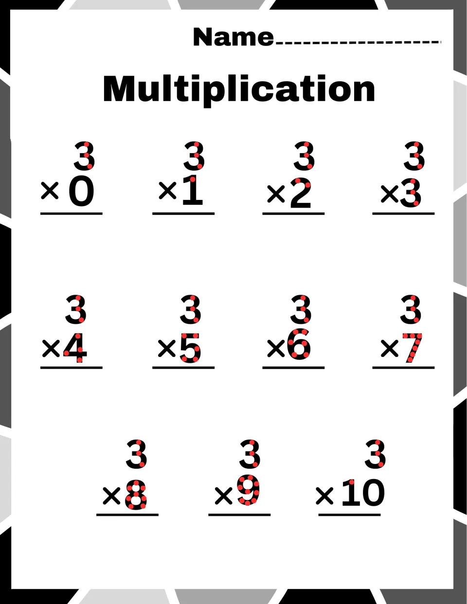 Threes facts with touch dots: students solve 3 × 0 up to 3 × 10 by counting the red dots marked on each digit