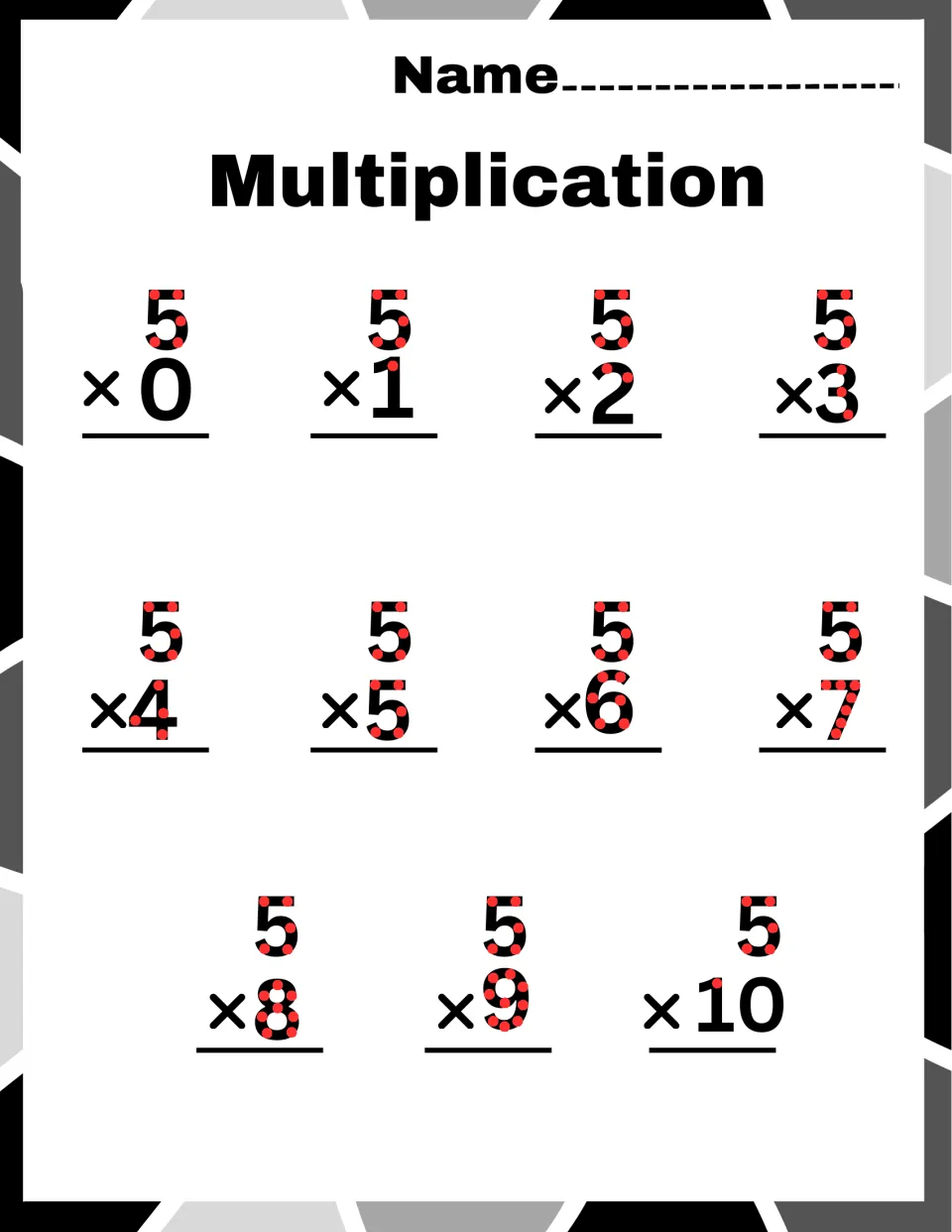 Fives facts: students find products for 5 × 0 through 5 × 10, counting red touch points on each dotted numeral