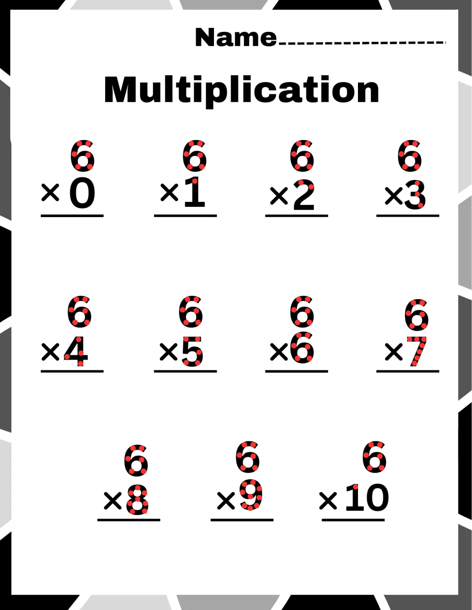 Sixes facts: students solve 6 × 0 to 6 × 10 in vertical form, counting the red touch dots on every 6 and multiplier