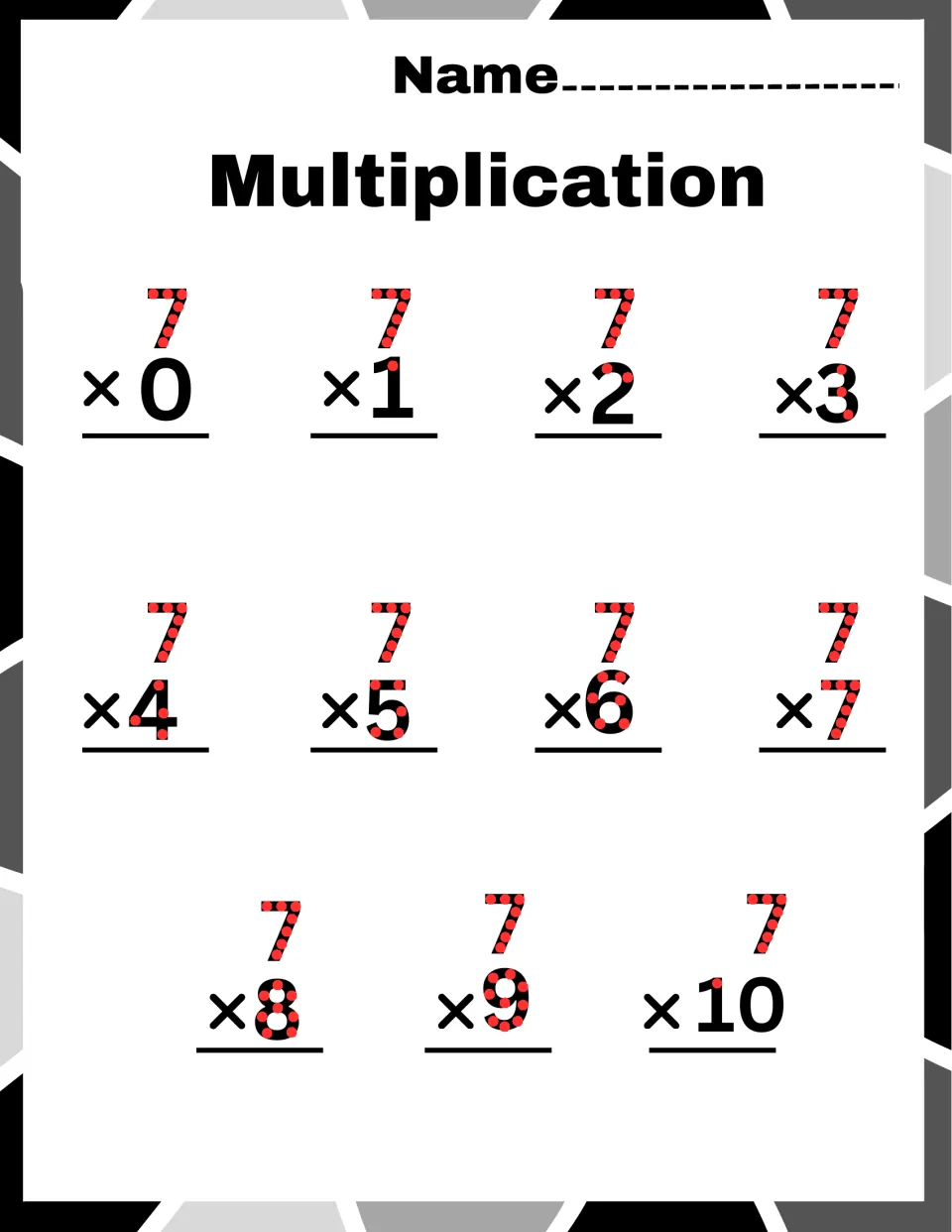 Sevens times table: students solve 11 facts from 7 × 0 to 7 × 10, tapping the red touch dots along each 7