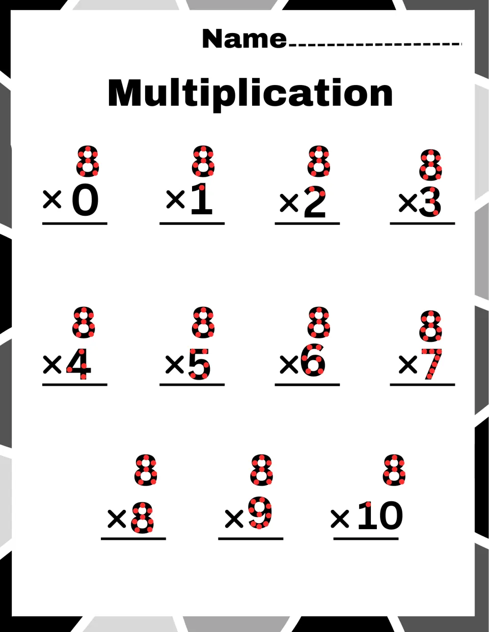Eights facts: students multiply 8 by 0 through 10, using the red touch-point dots on each digit to count on