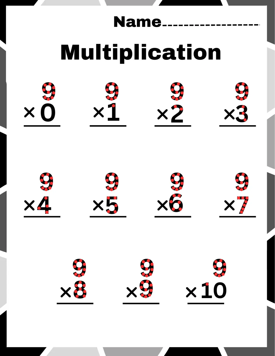 Nines facts: students solve 9 × 0 through 9 × 10, 11 problems with red touch dots marked on each dotted digit