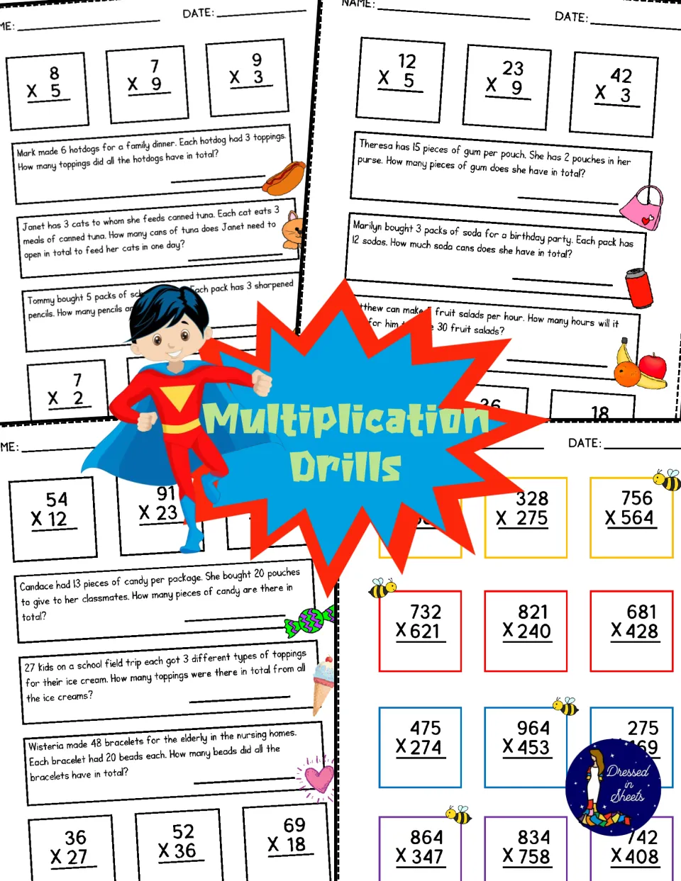 Multiplication Drills cover: superhero over sample sheets of basic facts, word problems and 3-digit by 3-digit products