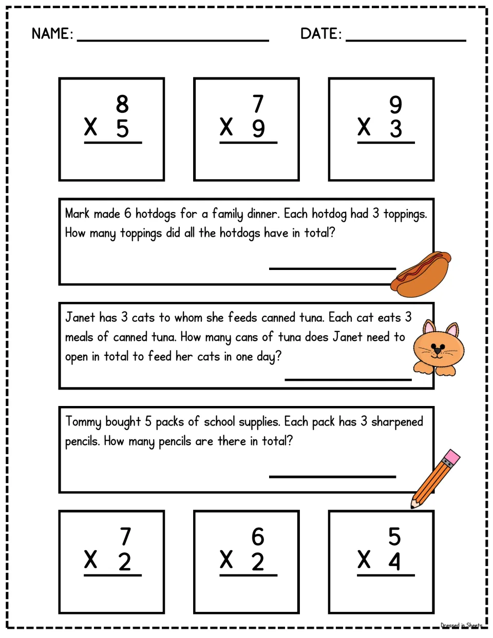 Single-digit multiplication: students solve 6 facts like 8 x 5 and 3 word problems about hotdog toppings, cats and pencils