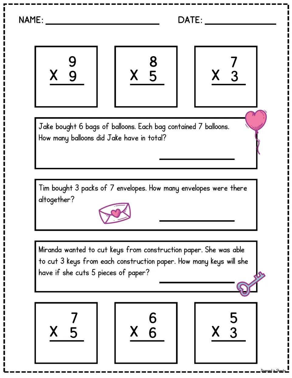 Multiplication facts and stories: students solve 9 x 9, 6 x 6 and more, then word problems on balloons, envelopes and keys