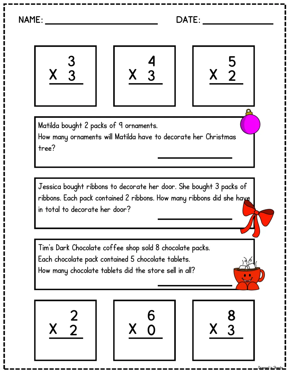 Holiday-themed multiplication: students solve facts including 6 x 0 and problems on ornaments, ribbons and chocolate packs
