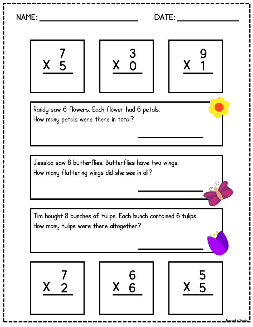 Spring-themed multiplication: students solve facts with 0 and 1 and problems on flower petals, butterfly wings and tulips