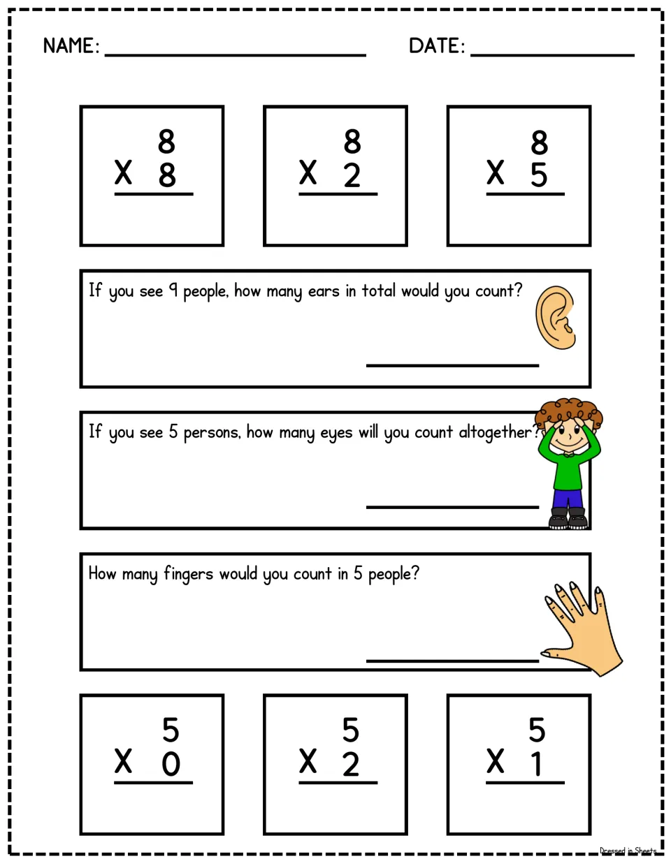 Multiplying with body parts: students count ears, eyes and fingers in groups of people and solve facts by 8 and by 5