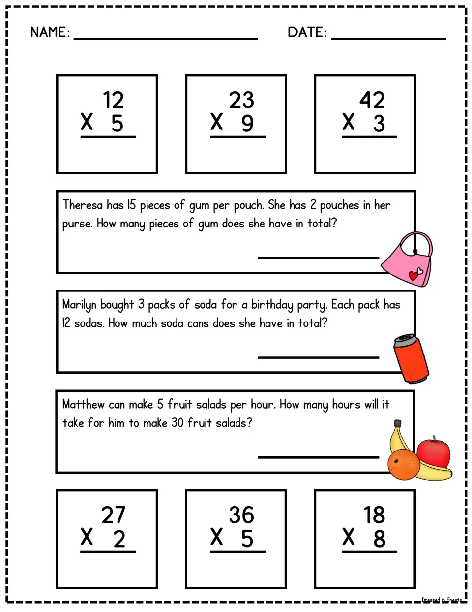 2-digit by 1-digit multiplication: students solve 12 x 5, 23 x 9 and more, plus problems on gum, soda and fruit salads