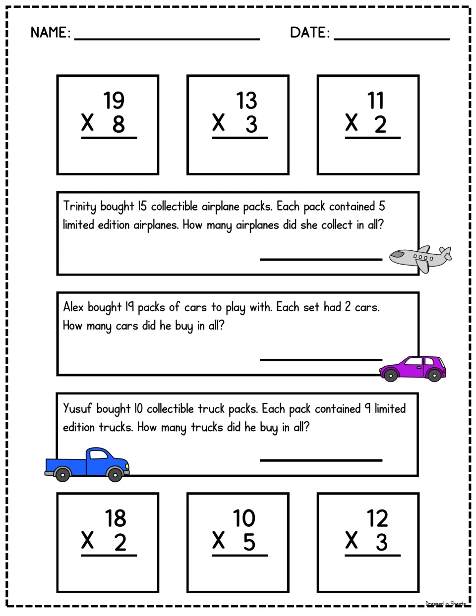 Two-digit times one-digit practice: students solve 19 x 8, 13 x 3 and more, plus problems on toy airplanes, cars and trucks