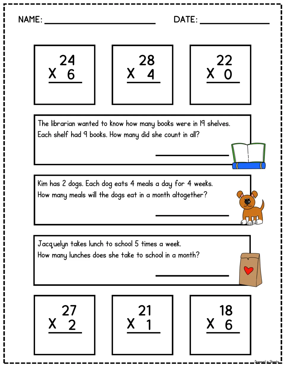 Multiplication with 2-digit factors: students solve 24 x 6, 22 x 0 and stories about library books, dog meals and lunches