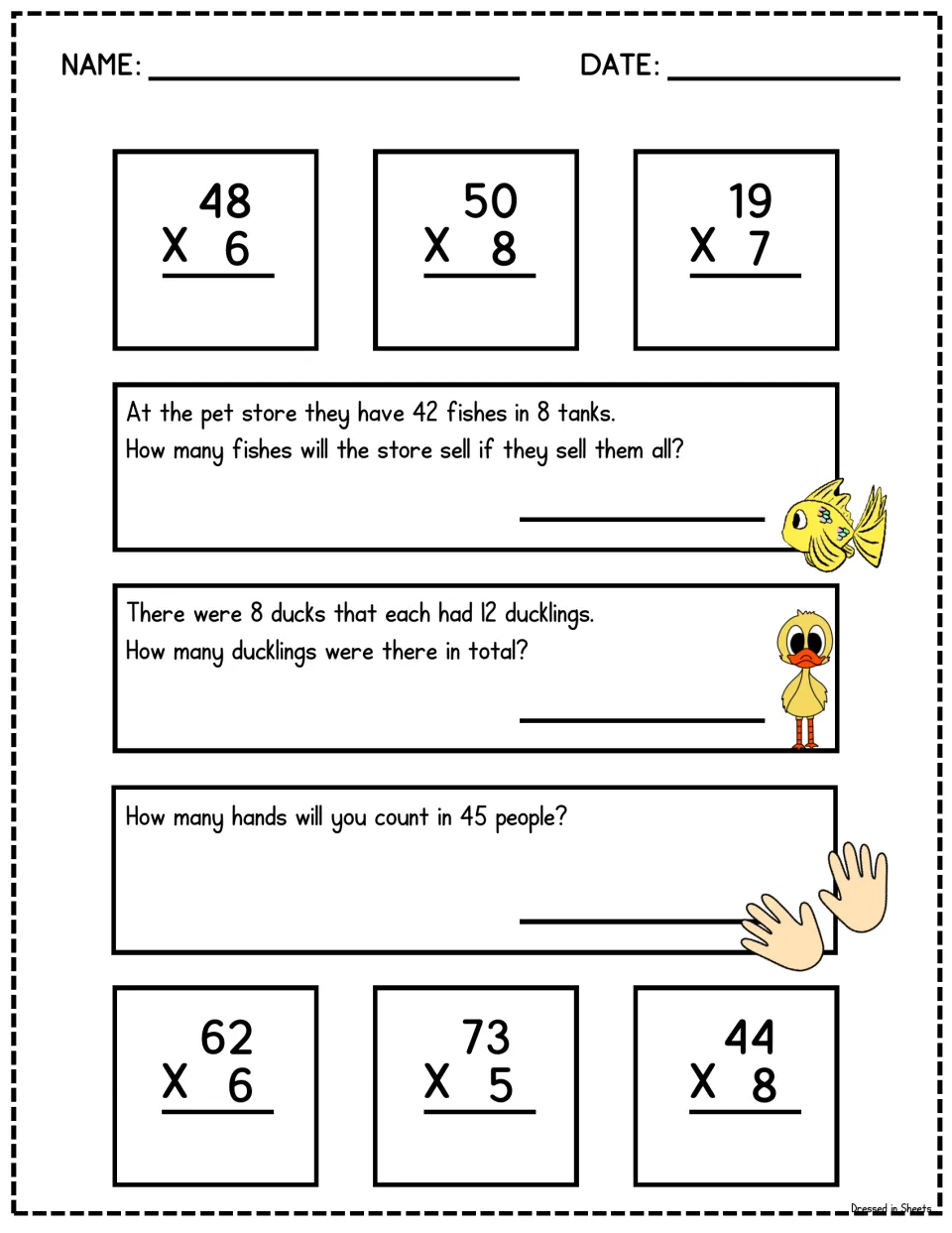 Larger 2-digit products: students solve 48 x 6, 73 x 5 and more, plus problems on pet store fish, ducklings and hands