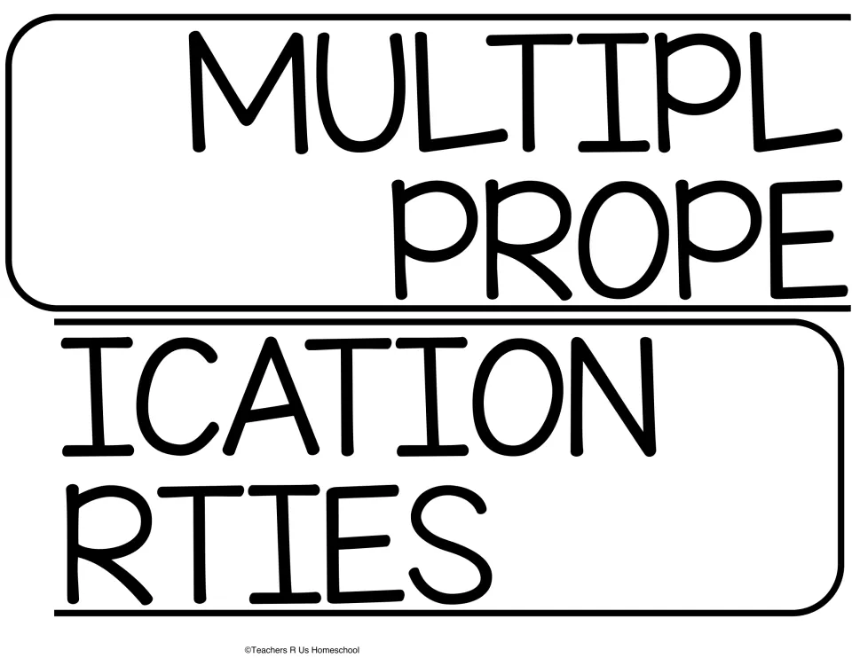 Title banner cut-out pieces spelling MULTIPLICATION PROPERTIES, split into two halves to cut apart and join side by side