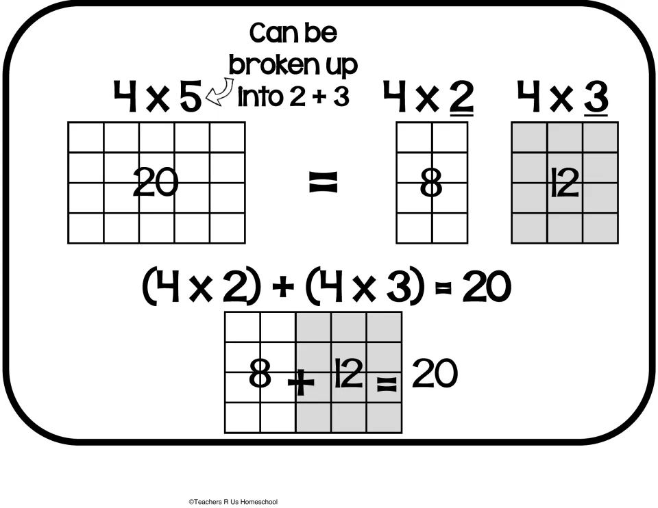 Distributive property model: 4 x 5 split into 4 x 2 and 4 x 3 on arrays, showing (4 x 2) + (4 x 3) = 8 + 12 = 20