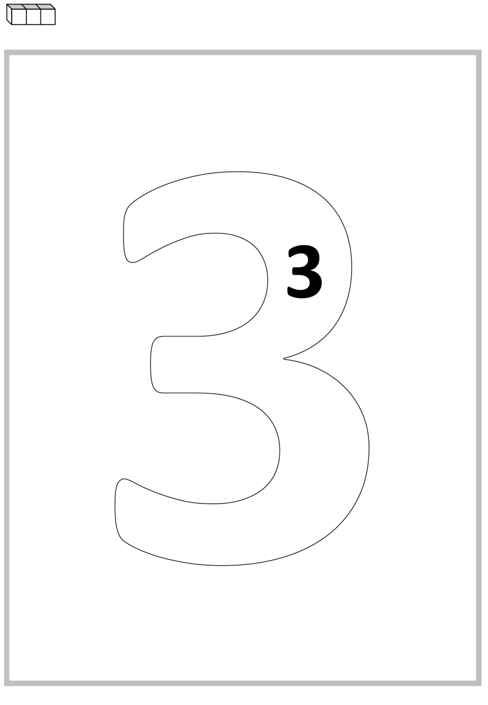 Multiplication mat for 3: one 3 inside the large numeral and one group of three cubes for repeated addition.