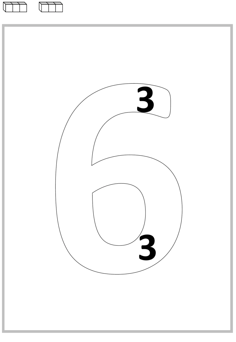 Multiplication mat for 6: two 3s inside the large numeral and two groups of three cubes for repeated addition.