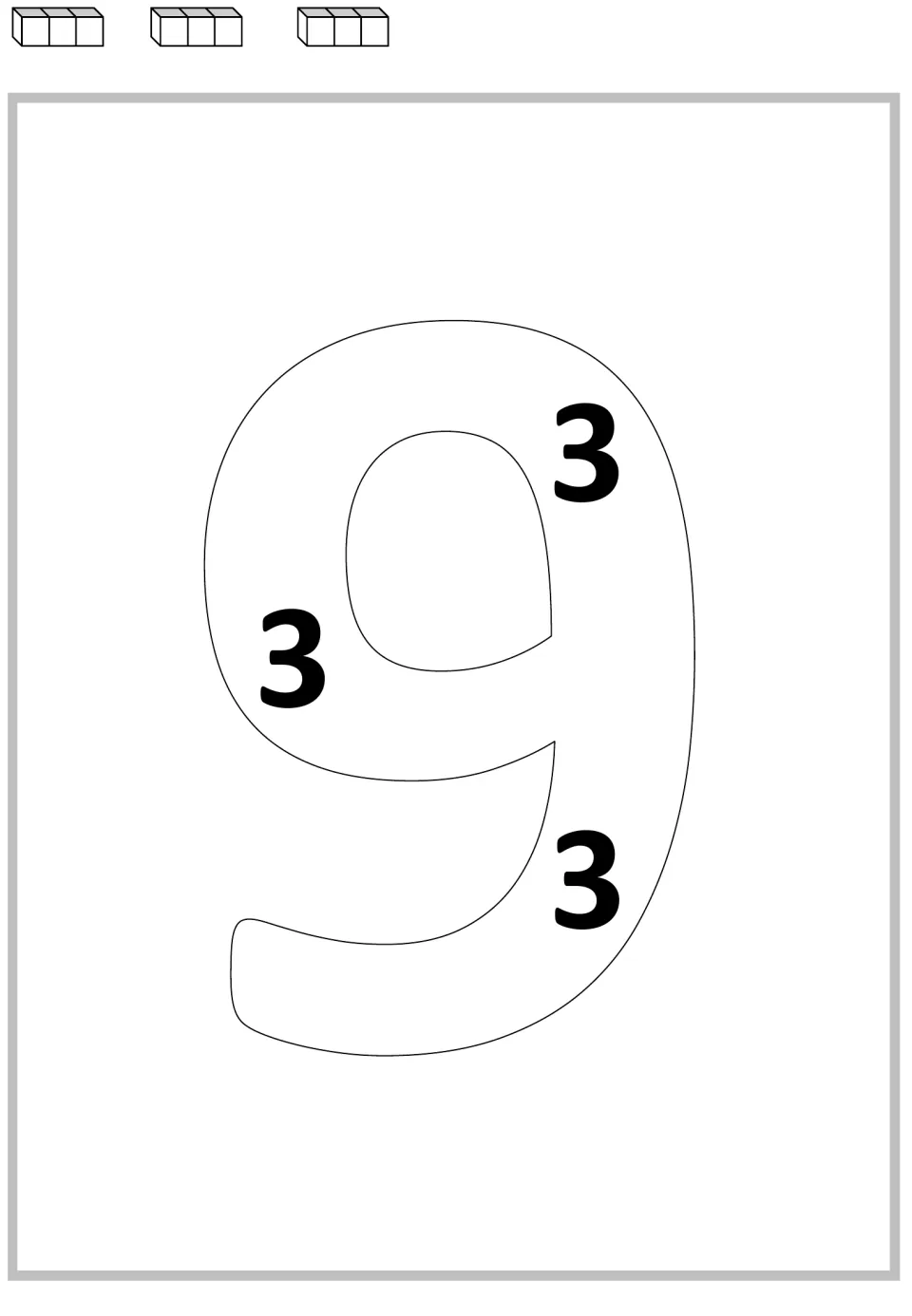 Multiplication mat for 9: three 3s inside the large numeral and three groups of cubes for repeated addition.
