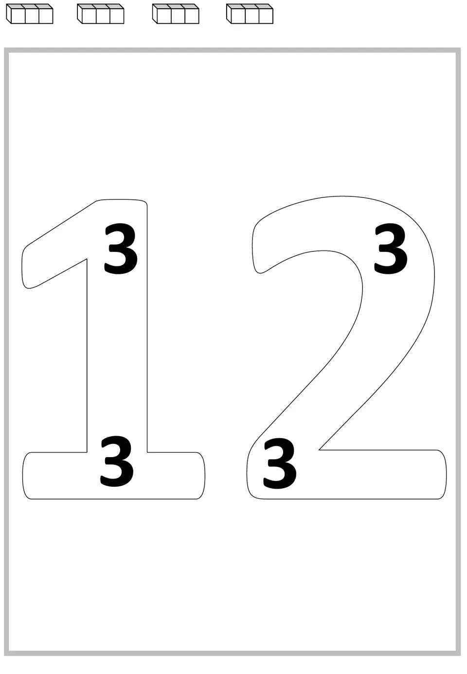 Multiplication mat for 12: four 3s inside the large numerals and four groups of cubes for repeated addition.