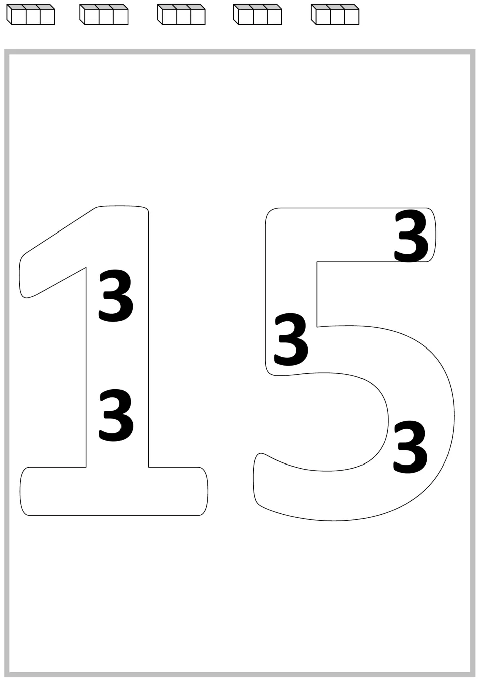 Multiplication mat for 15: five 3s inside the large numerals and five groups of cubes for repeated addition.