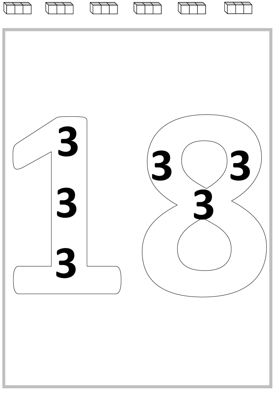 Multiplication mat for 18: six 3s inside the large numerals and six groups of cubes for repeated addition.