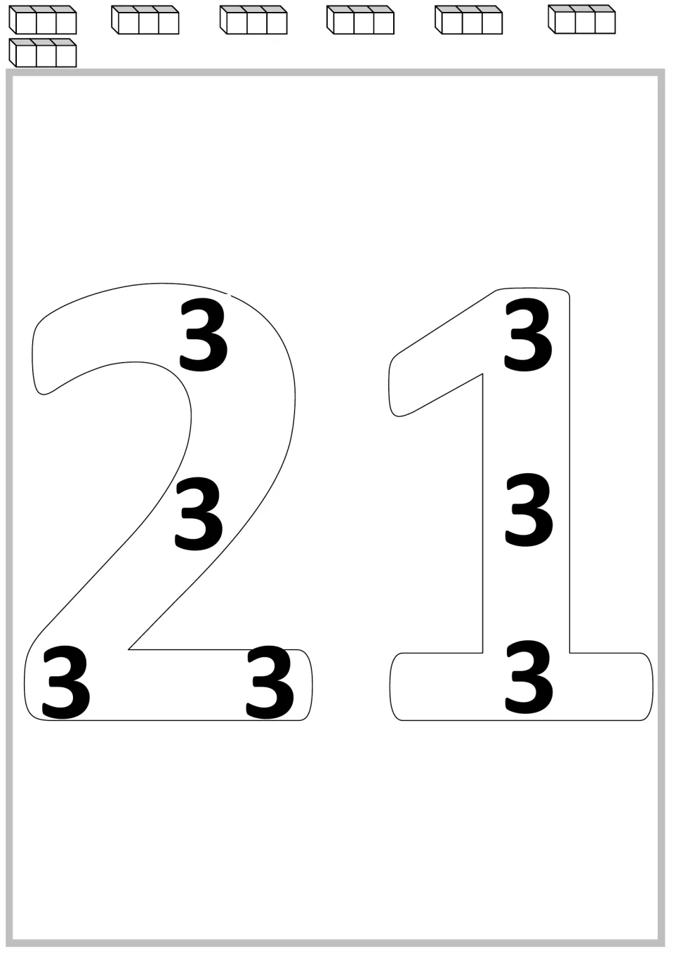 Multiplication mat for 21: seven 3s inside the large numerals and seven groups of cubes for repeated addition.