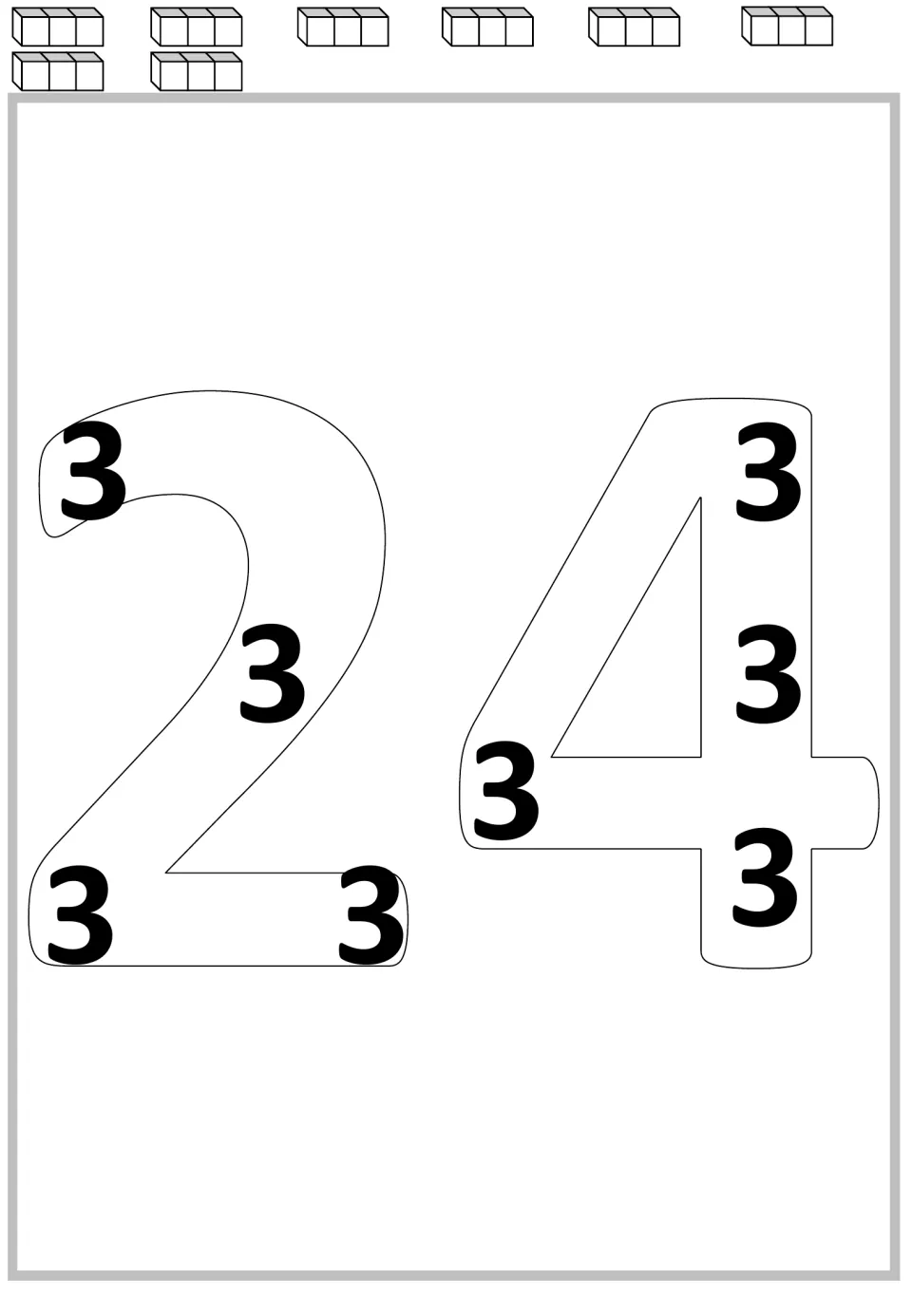 Multiplication mat for 24: eight 3s inside the large numerals and eight groups of cubes for repeated addition.