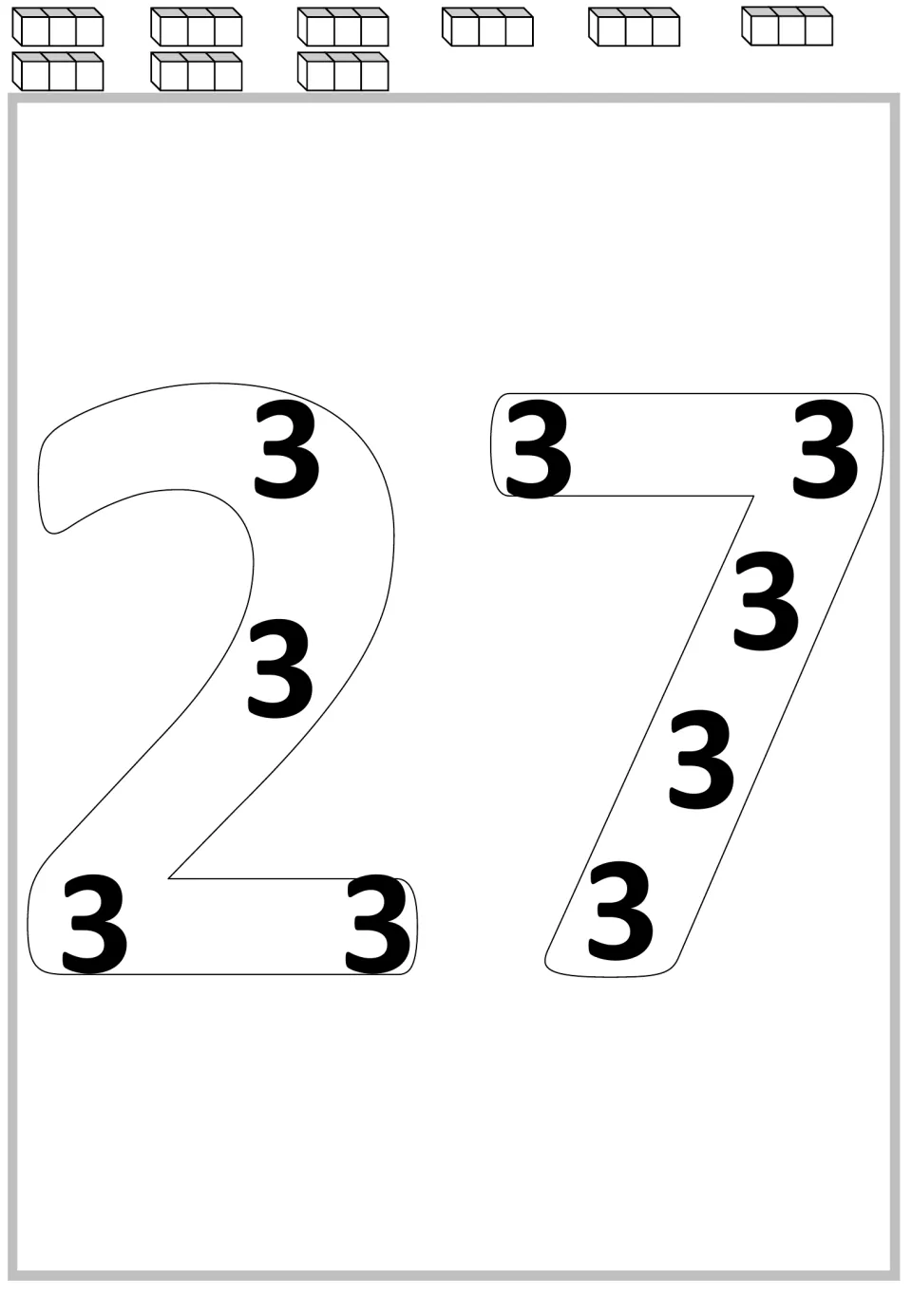 Multiplication mat for 27: nine 3s inside the large numerals and nine groups of cubes for repeated addition.