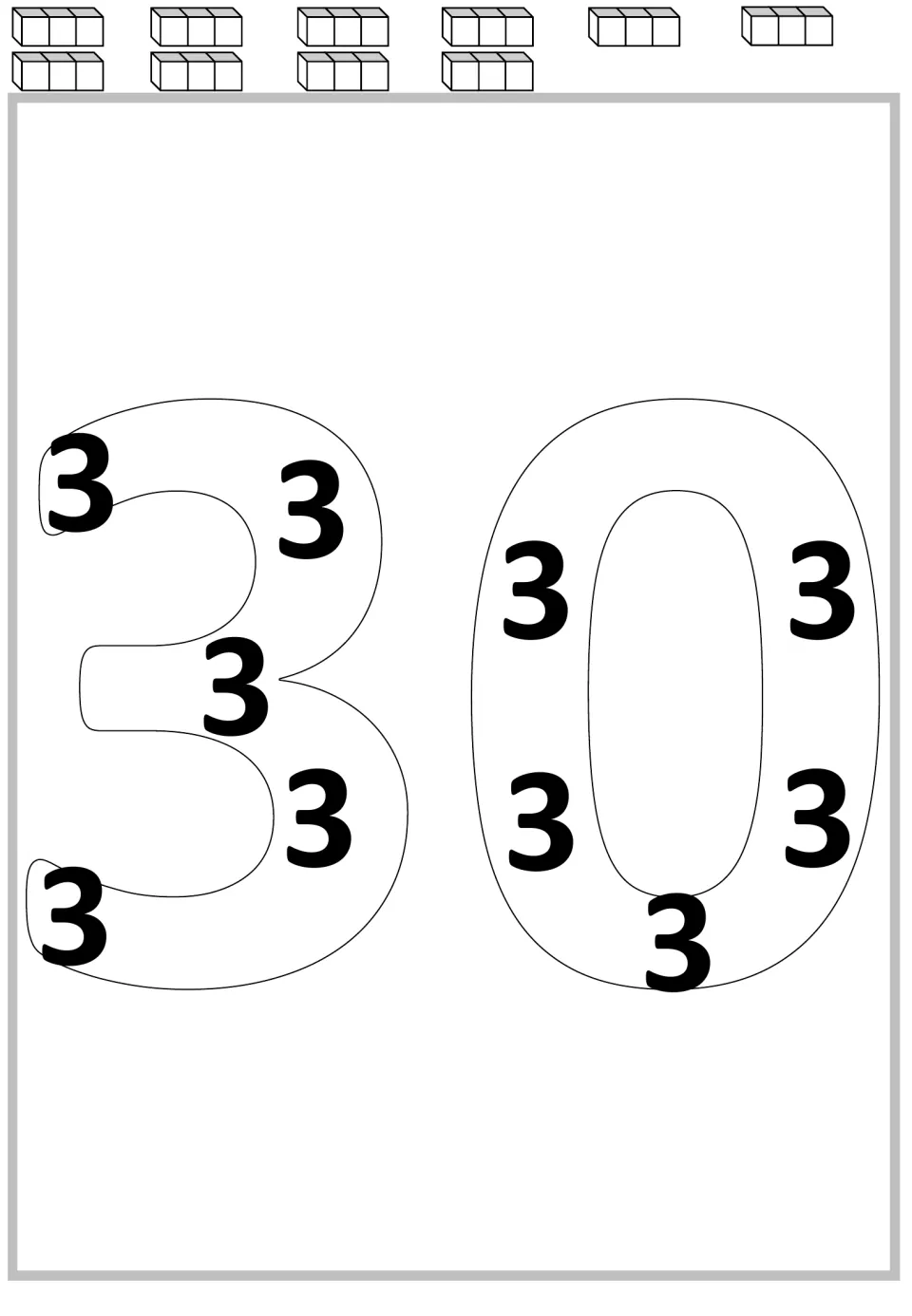 Multiplication mat for 30: ten 3s inside the large numerals and ten groups of cubes for repeated addition.