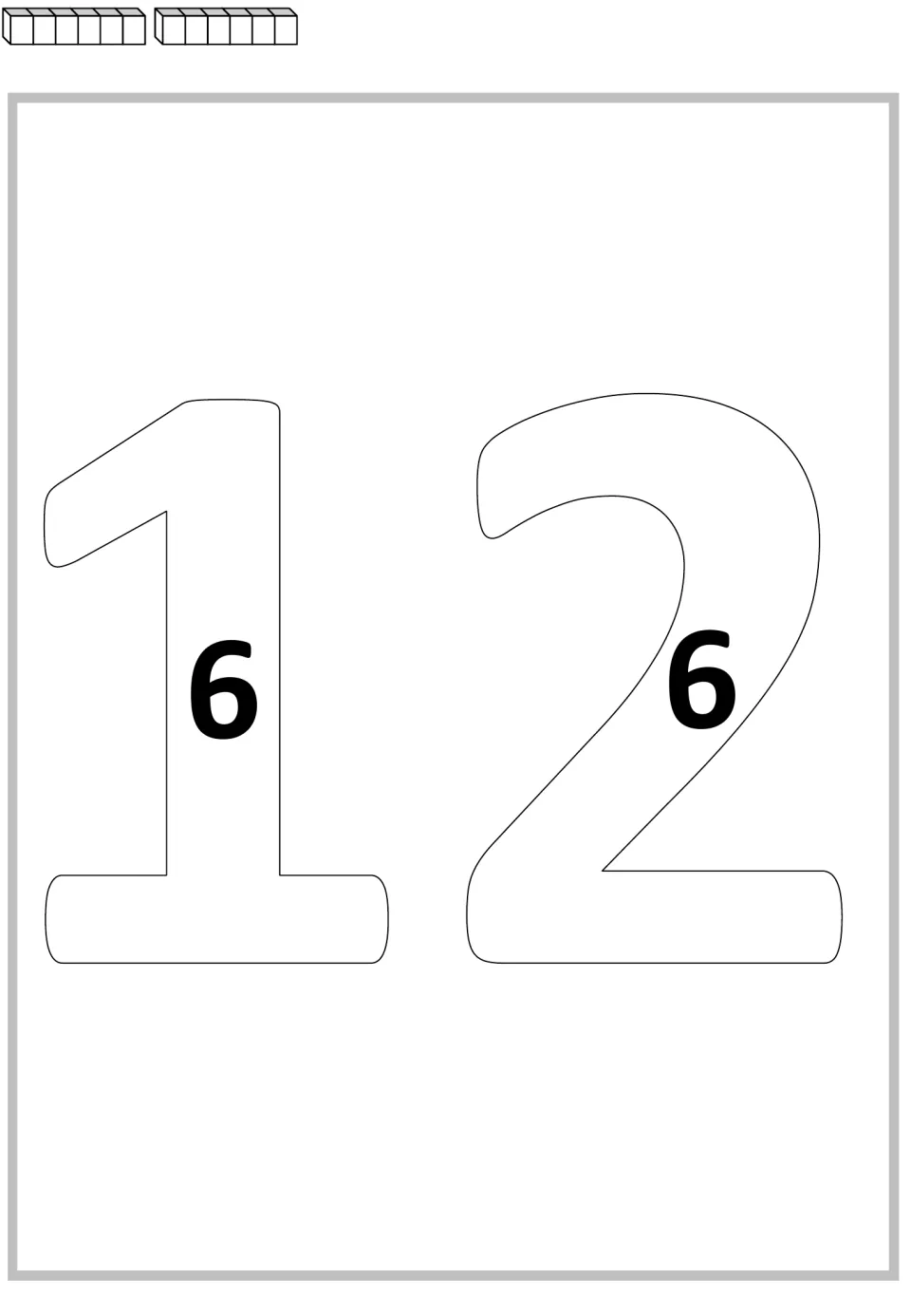 Repeated addition mat for 12: two groups of six cubes and two printed 6s inside the large number 12.