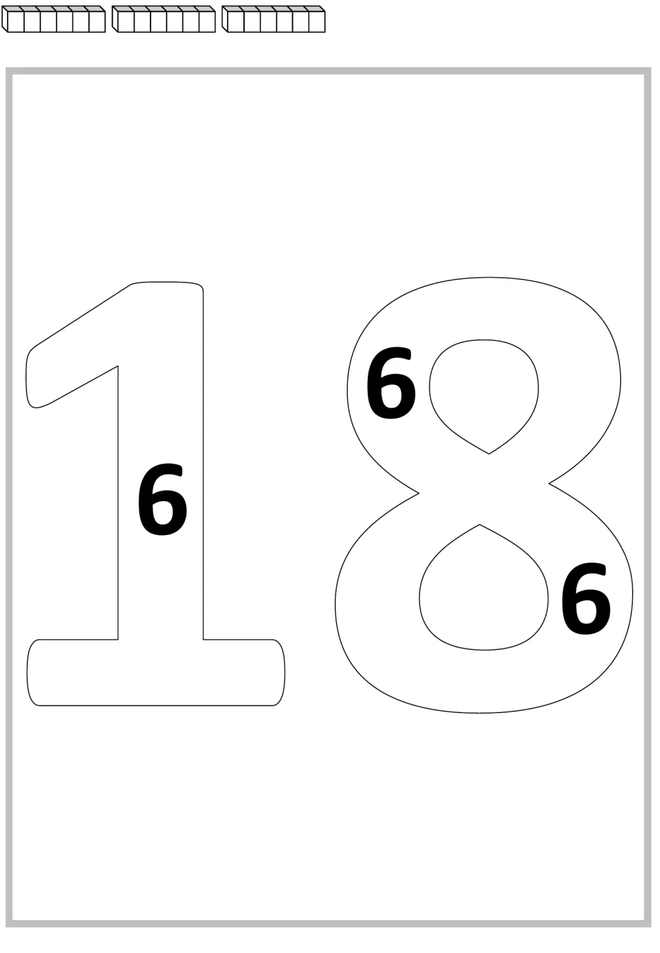 Repeated addition mat for 18: three groups of six cubes and three printed 6s inside the large number 18.