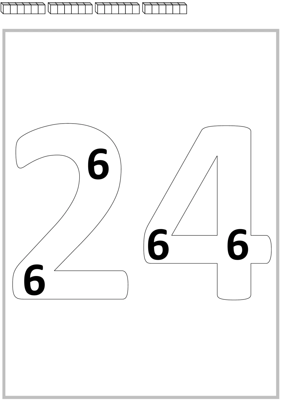 Repeated addition mat for 24: four groups of six cubes and four printed 6s inside the large number 24.