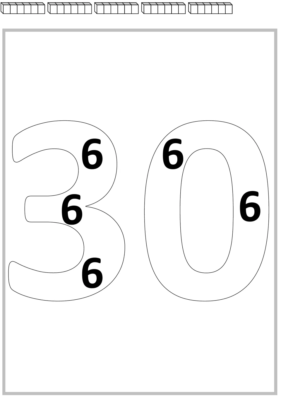 Repeated addition mat for 30: five groups of six cubes and five printed 6s inside the large number 30.