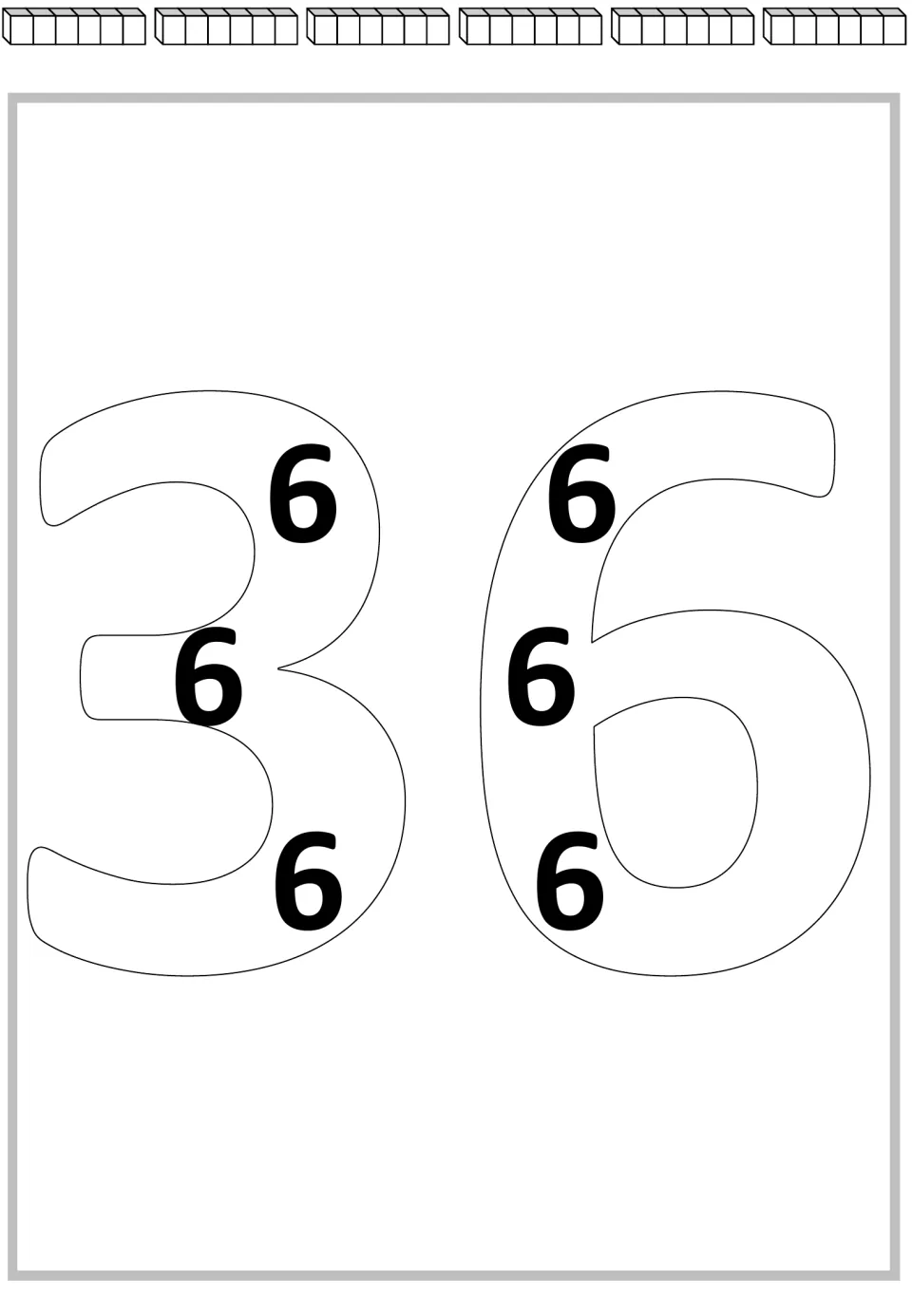 Repeated addition mat for 36: six groups of six cubes and six printed 6s inside the large number 36.